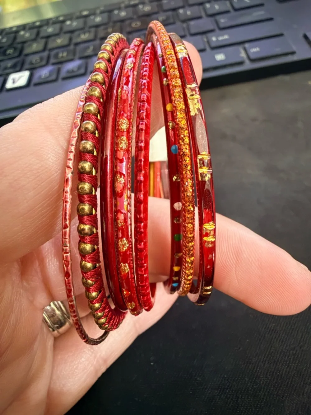 Vintage Style Red Gold Boho Bangle Bracelet Stack Set Festival Jewelry
